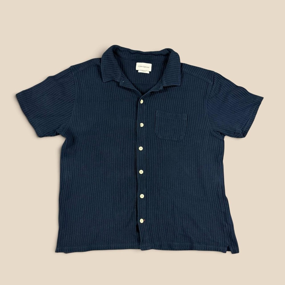 Oliver Spencer Navy Blue Organic Cotton Knit Ribbed Button Up Shirt XL Fits M/L